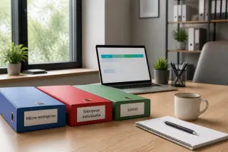 Trois dossiers de couleurs différentes, ouverts sur un bureau moderne avec un ordinateur portable, un carnet, un stylo et une tasse de café, dans une lumière naturelle et une ambiance professionnelle.
