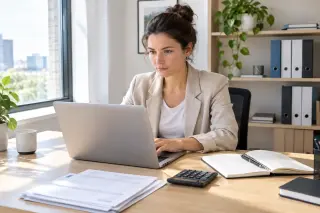 Un entrepreneur travaille à son bureau sur ordinateur portable, factures et calculatrice à portée de main, dans un bureau moderne et lumineux.