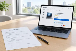 Table de bureau avec contrat, stylo, ordinateur affichant un site d'achat en ligne avec case à cocher, dans un espace lumineux et moderne