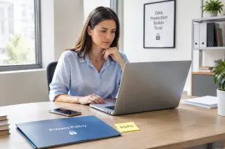 Small business office with one person working at a desk, focusing on data protection documents and a laptop in a well-lit, modern workspace.