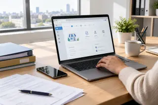 Bureau moderne avec ordinateur ouvert sur une interface, dossiers et documents administratifs, une main tapant au clavier, ambiance lumineuse et studieuse.