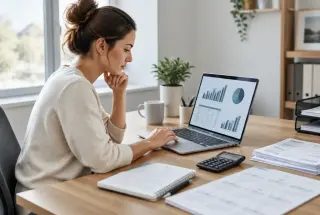 Entrepreneuse analysant un tableau de trésorerie mensuel sur son ordinateur, entourée d’un carnet, d’une calculatrice et d’un calendrier.